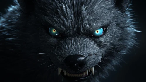 3D Wolf Face with Blue Eyes and Snarling Expression