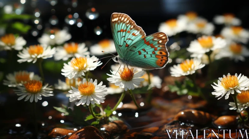 AI ART Blue and Green Butterfly on White Daisy - Nature Close-up