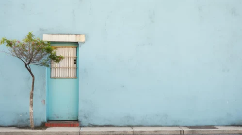 Blue Concrete Wall with Door and Tree