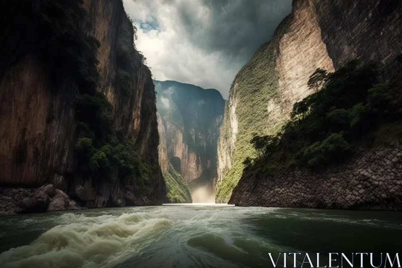 Captivating Nature: A Stunning Canyon with a River and Moving Clouds AI Image