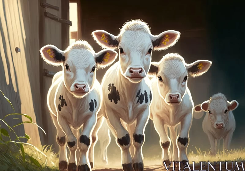 Captivating White Cows Coming Out of an Open Barn - Cartoon Realism AI Image
