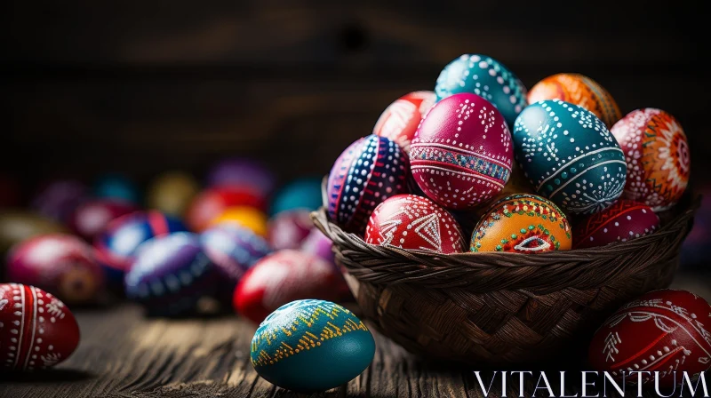 AI ART Colorful Easter Eggs in Wicker Basket on Wooden Table