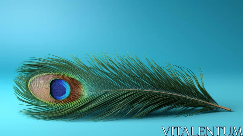 Dark Green Peacock Feather on Blue Background AI Image