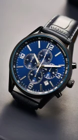 Elegant Black Wristwatch with Blue Dial | Stylish Timepiece