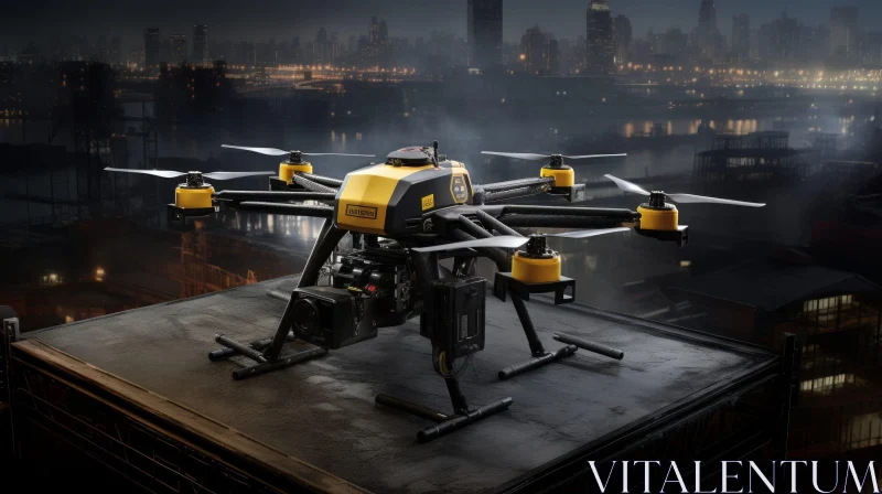 Hexacopter Drone with Camera on Rooftop Cityscape View AI Image