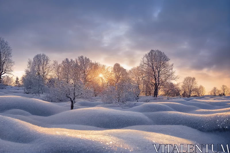 Serene Winter Scene: Snow-Covered Field with Delicate Lines and Mesmerizing Colorscapes AI Image