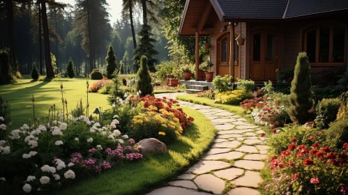Tranquil Garden Scene with Colorful Flowers and Wooden House