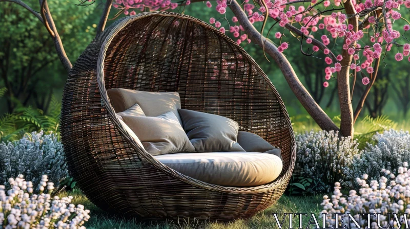AI ART Tranquil Garden Scene with Wicker Hanging Chair