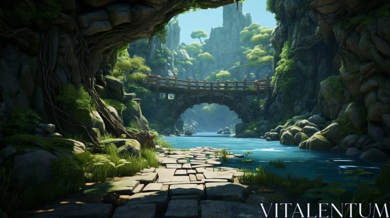 AI ART Tranquil Valley Landscape with River and Bridge