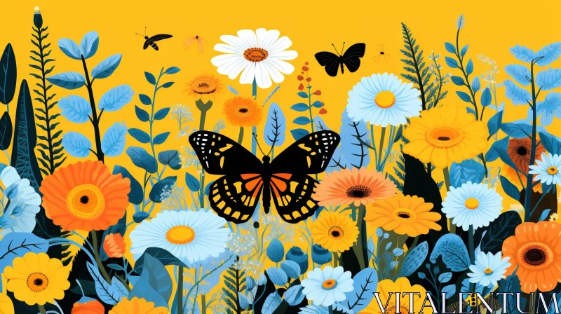 Butterfly Floral Illustration with Daisies and Sunflowers AI Image