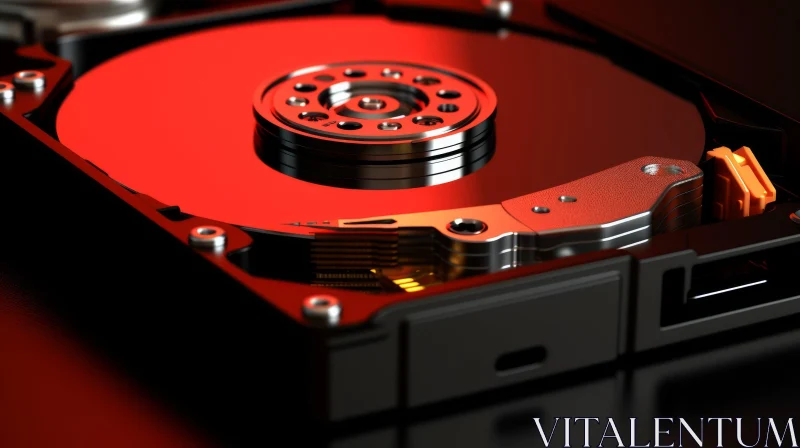 Close-up Hard Disk Drive (HDD) Illuminated by Red Light AI Image