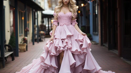 Elegant Woman in Pink Evening Dress on Street