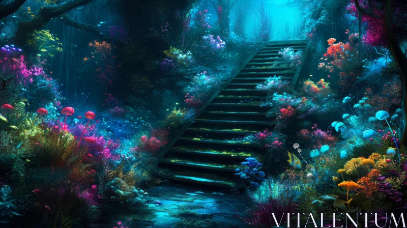 AI ART Enchanting Underwater Coral Reef Scene with Staircase and Plants