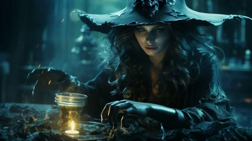 Enchanting Witch at Table - Dark Fantasy Scene