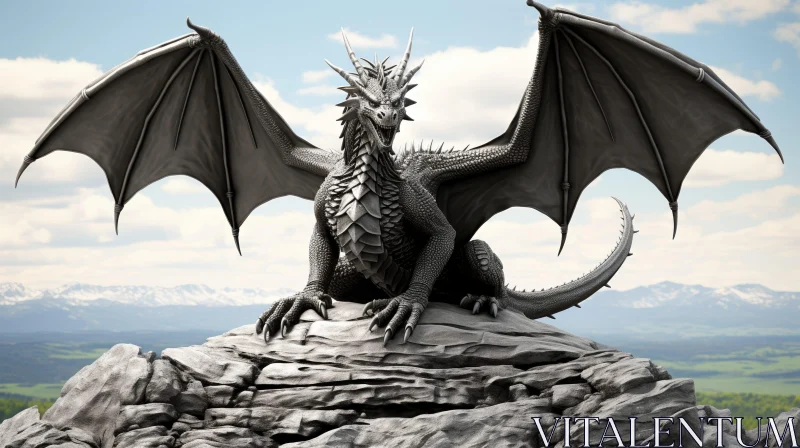 AI ART Gray Dragon 3D Rendering on Mountain Rock