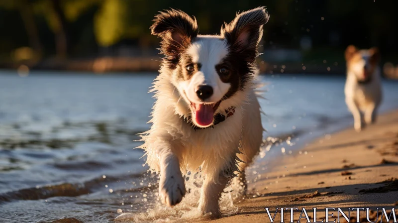Joyful Dog Running on Beach AI Image