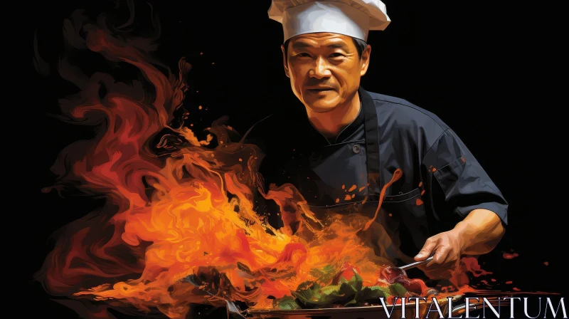Professional Chef Cooking with Wok and Flames AI Image
