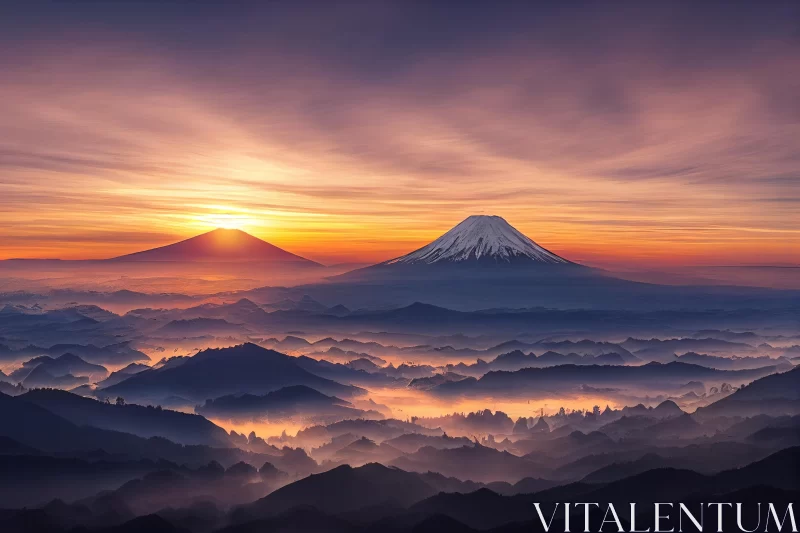 Sunrise View of Mt Fuji in Japan: Detailed Atmospheric Portraits AI Image