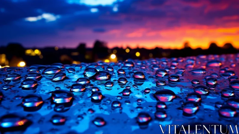 Water Droplets on Blue Surface - Sunset Reflection AI Image