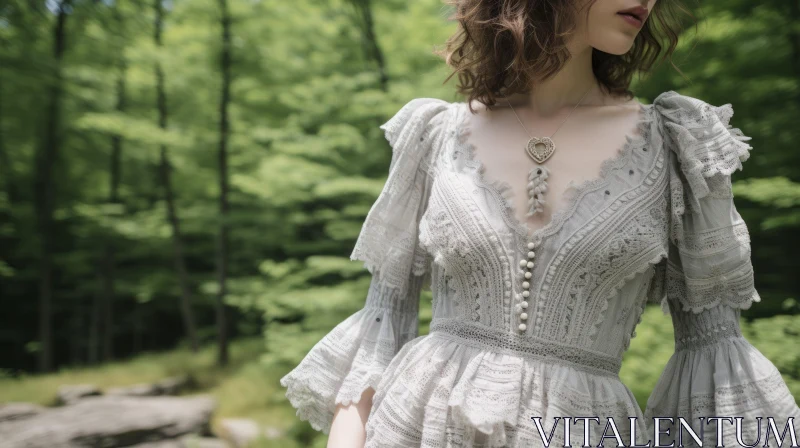 Enchanting Woman in White Lace Dress - Forest Portrait AI Image