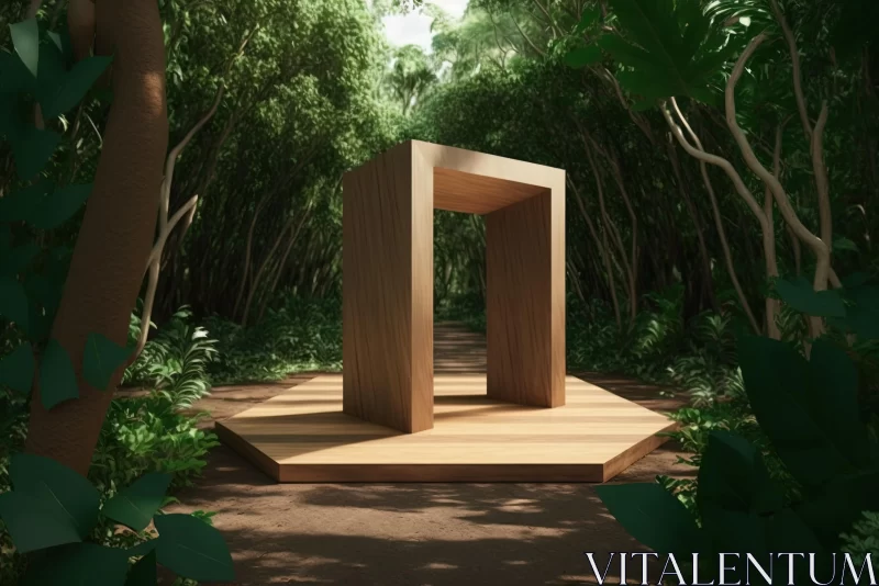 Enigmatic Tropics: Minimalistic Wooden Structure in the Forest AI Image