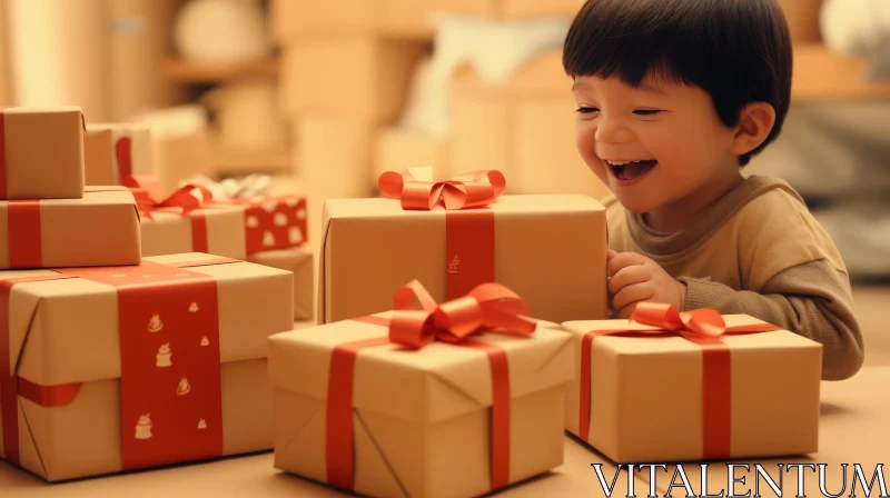 Festive Christmas Scene: Happy Boy with Wrapped Presents AI Image