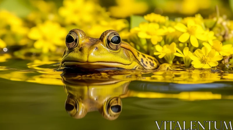 Green Frog in Pond with Yellow Flowers AI Image