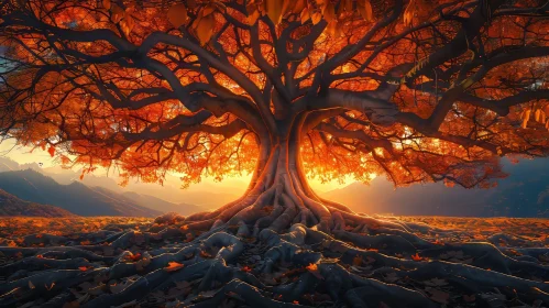 Majestic Tree at Sunset in Field with Mountains