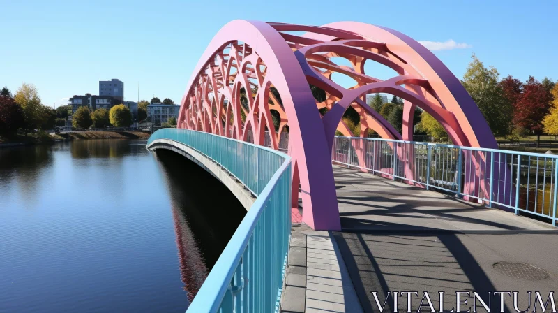 Modern Pink Metal Bridge in Park with Blue Handrails AI Image