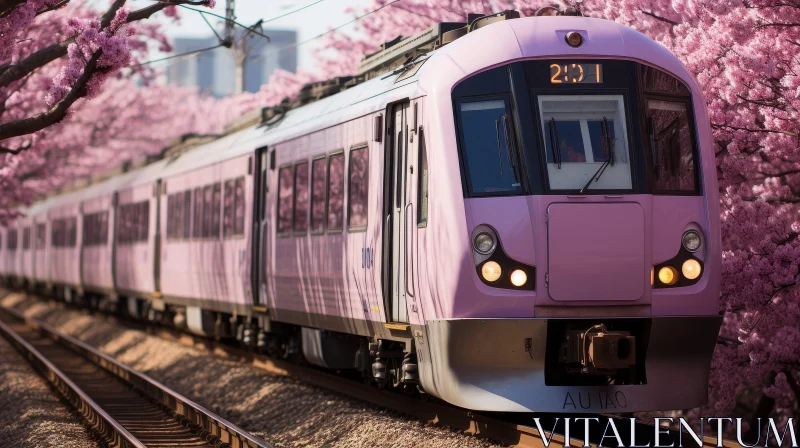 Pink Modern Train in Cherry Blossom Field AI Image