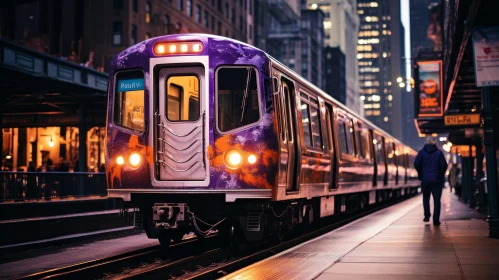 Purple Subway Train Arriving at Underground Station