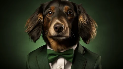 Stylish Dachshund Dog in Green Suit and Bow Tie