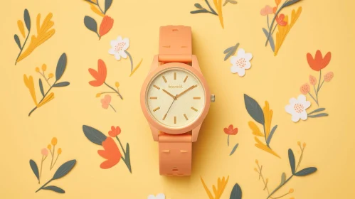 Stylish Orange Watch with Floral Design on Yellow Background