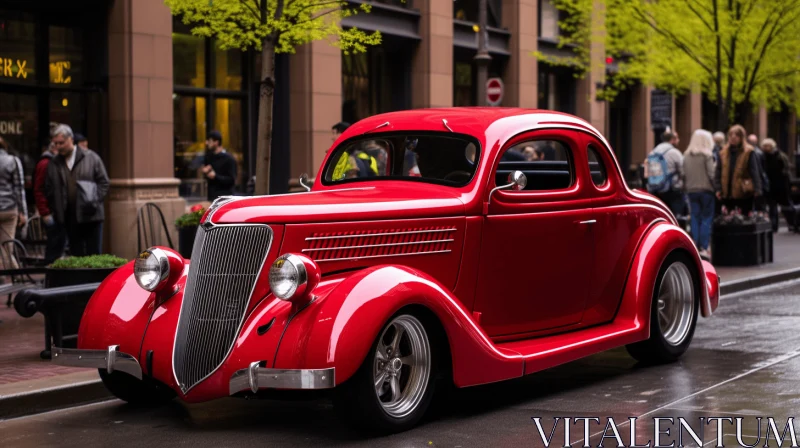 AI ART Vintage Red Car Parked on City Side Street - Elegant and Polished