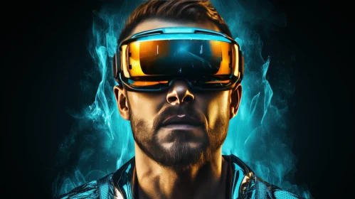 Virtual Reality Man with Glowing Lens and Fire-like Aura