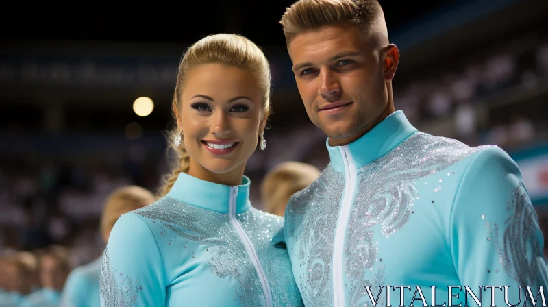 Young Man and Woman in Matching Blue Sequined Costumes AI Image