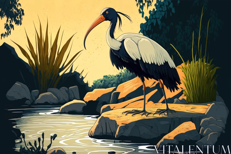 A Majestic Stork by the River: Captivating High-Contrast Realism AI Image