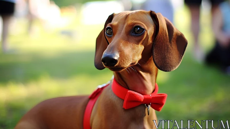 Brown Dachshund Dog with Red Bow Tie on Green Grass AI Image