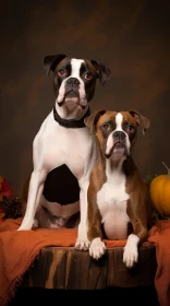 Charming Boxer Dogs on Wooden Table with Pumpkins and Fall Leaves