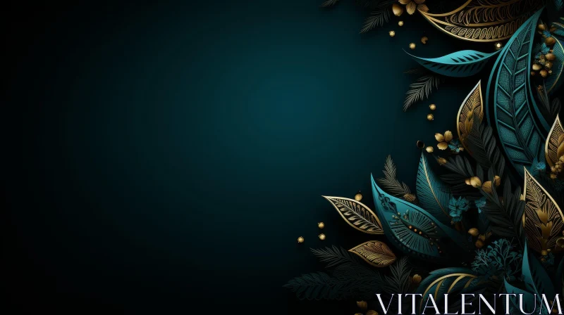 Dark Green Background with Gold and Teal Leaves and Flowers AI Image