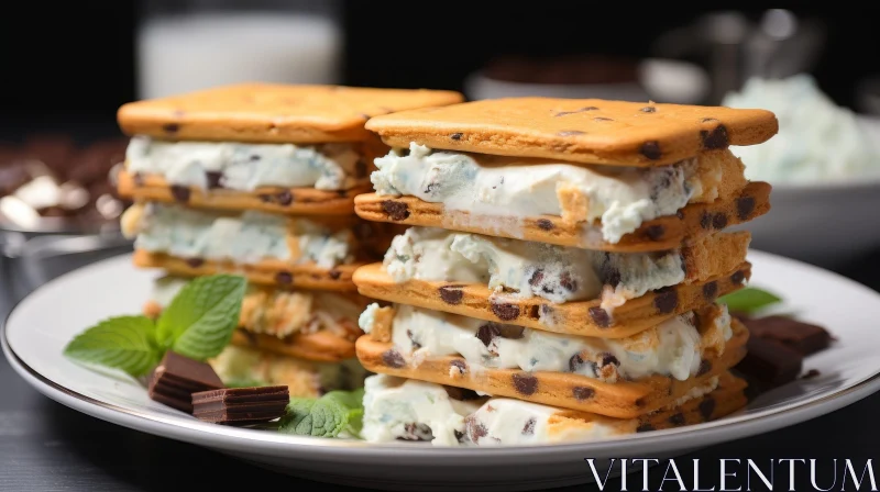 Delicious Ice Cream Sandwiches with Chocolate Chip Cookies and Mint AI Image