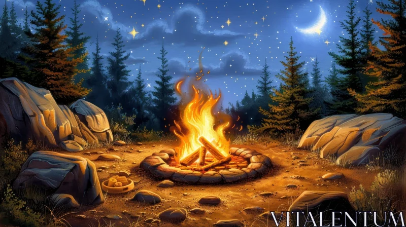 Enchanting Campfire Painting in Forest Setting AI Image