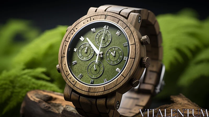 Exquisite Wooden Watch with Green Dial AI Image