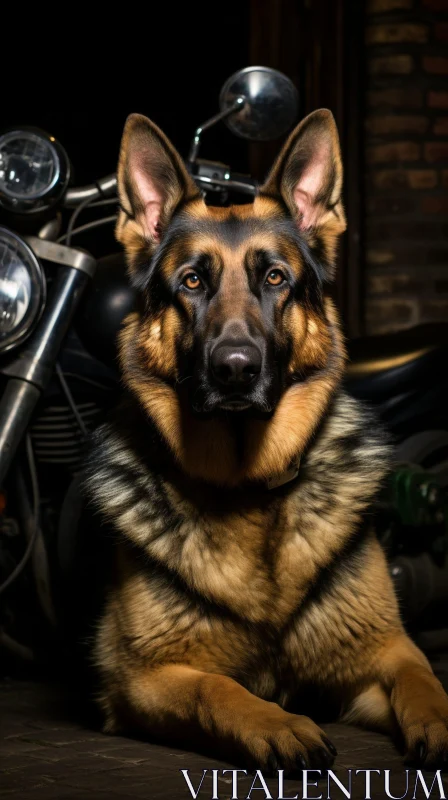 German Shepherd Dog and Motorcycle in Garage AI Image
