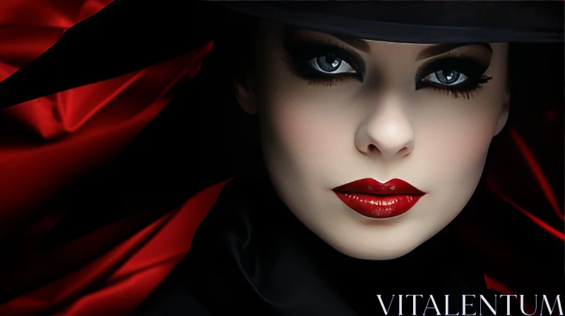 Intense Portrait of a Woman with Dark Hair and Red Lips AI Image