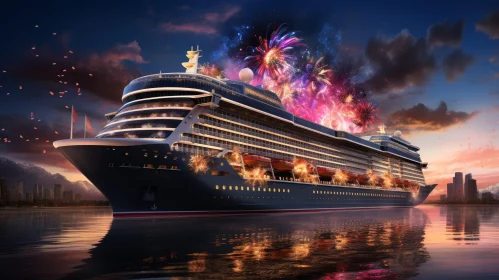 Luxurious Cruise Ship at Sea with Fireworks Display