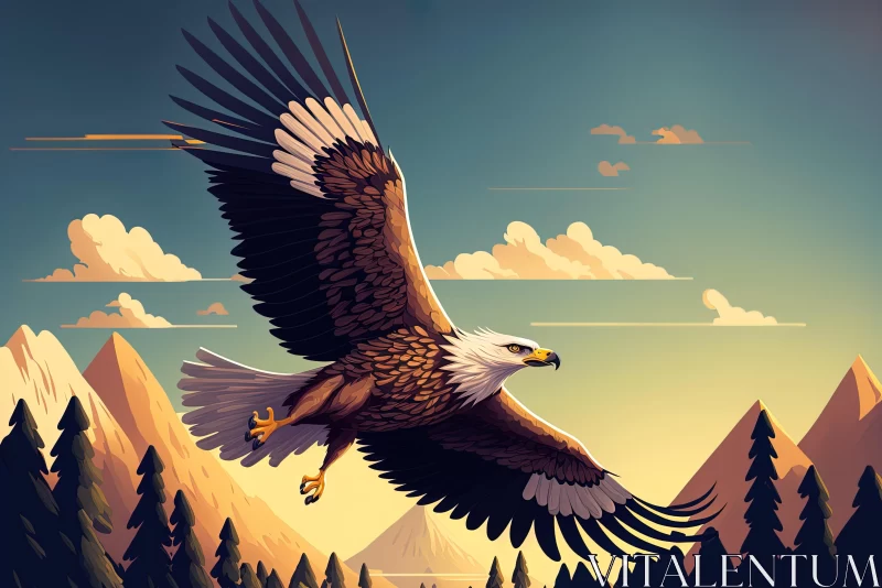 Majestic Bald Eagle Soaring Above a Lush Forest - Hyper-Detailed Illustration AI Image