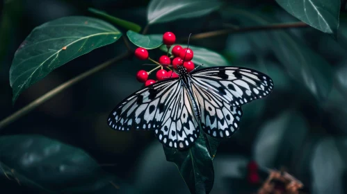 Monochrome Butterfly on Green Leaf with Red Berries