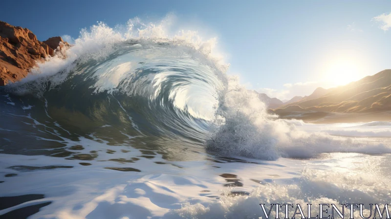 Powerful Wave Crashing on Sandy Beach AI Image