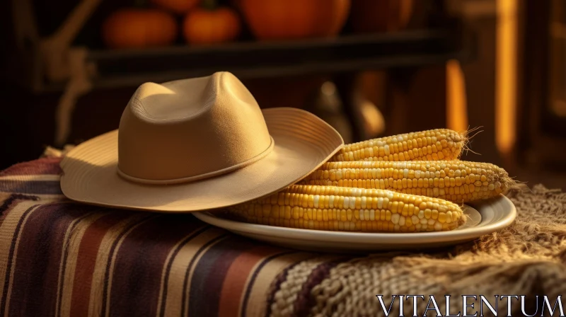 Rustic Still Life: Cowboy Hat and Corn Plate Composition AI Image